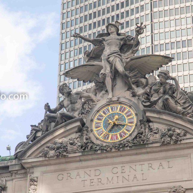 Saturday, September 7, 2019 - The Glory of Commerce sculpture. The work includes representations of Hercules, Mercury and Minerva. Mercury is nude and he is standing at the top center of the work. Grand Central Terminal. New York City.
