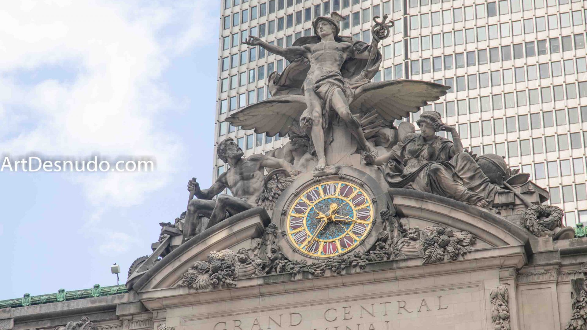 Saturday, September 7, 2019 - The Glory of Commerce sculpture. The work includes representations of Hercules, Mercury and Minerva. Mercury is nude and he is standing at the top center of the work. Grand Central Terminal. New York City.