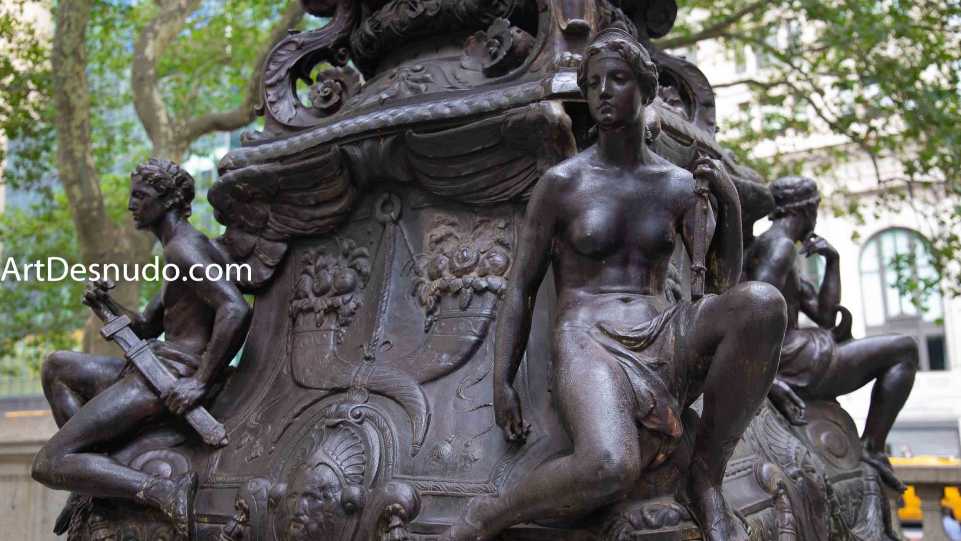Saturday, September 7, 2019 - Female and male nude sculptures sculpted by Raffaele Menconi and cast at Tiffany Studios. New York Public Library Main Branch. Manhattan, New York City.